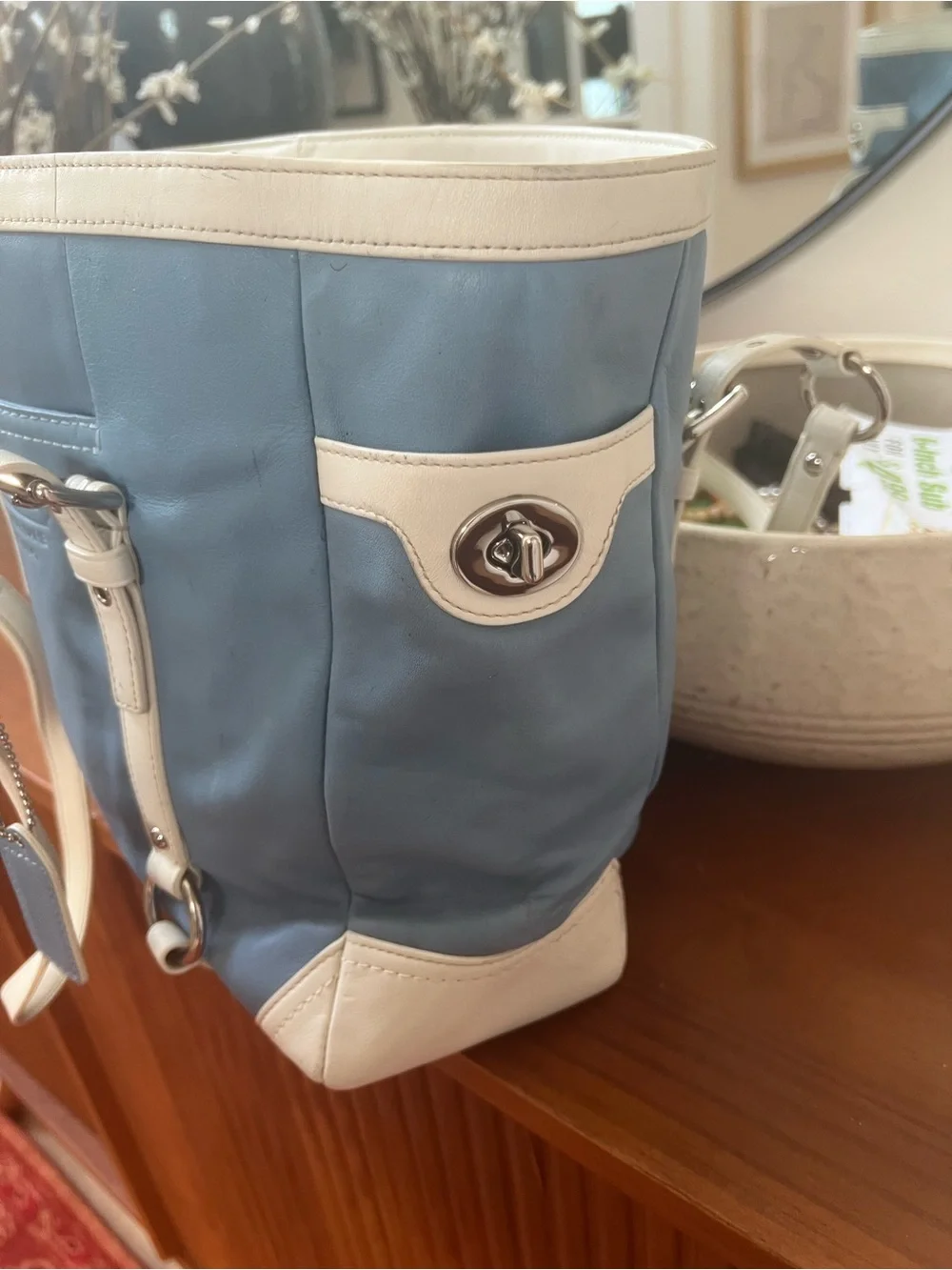 Blue and Cream Convertible Tote Bag